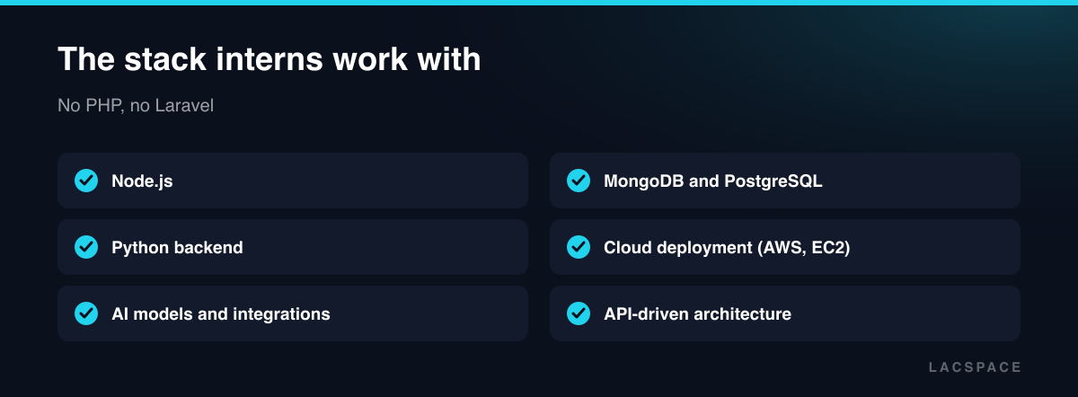 Checklist of the intern tech stack: Node.js, Python, AI models, MongoDB and PostgreSQL, AWS/EC2 and APIs