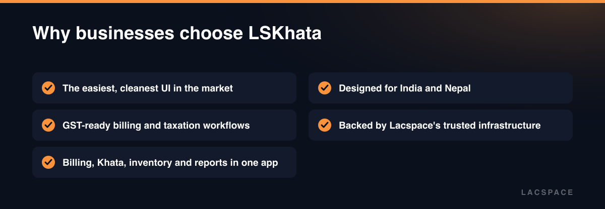 Checklist of five reasons businesses pick LSKhata: easy UI, GST billing, all-in-one app, local design, Lacspace backing