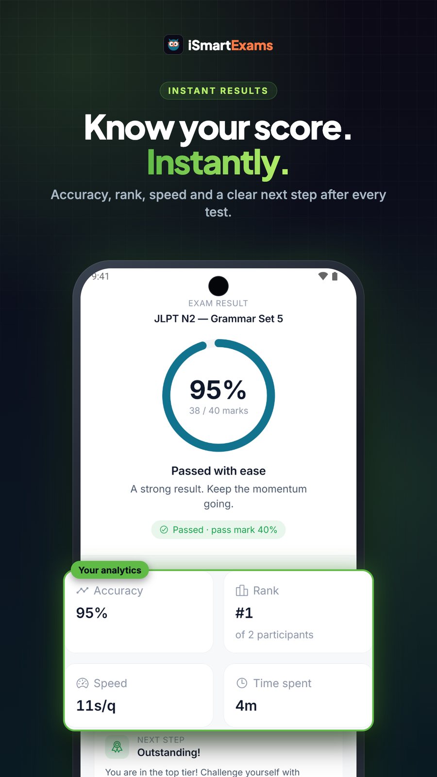Result screen with accuracy and speed