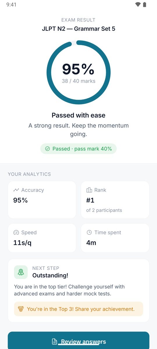 Exam result with accuracy, rank and speed