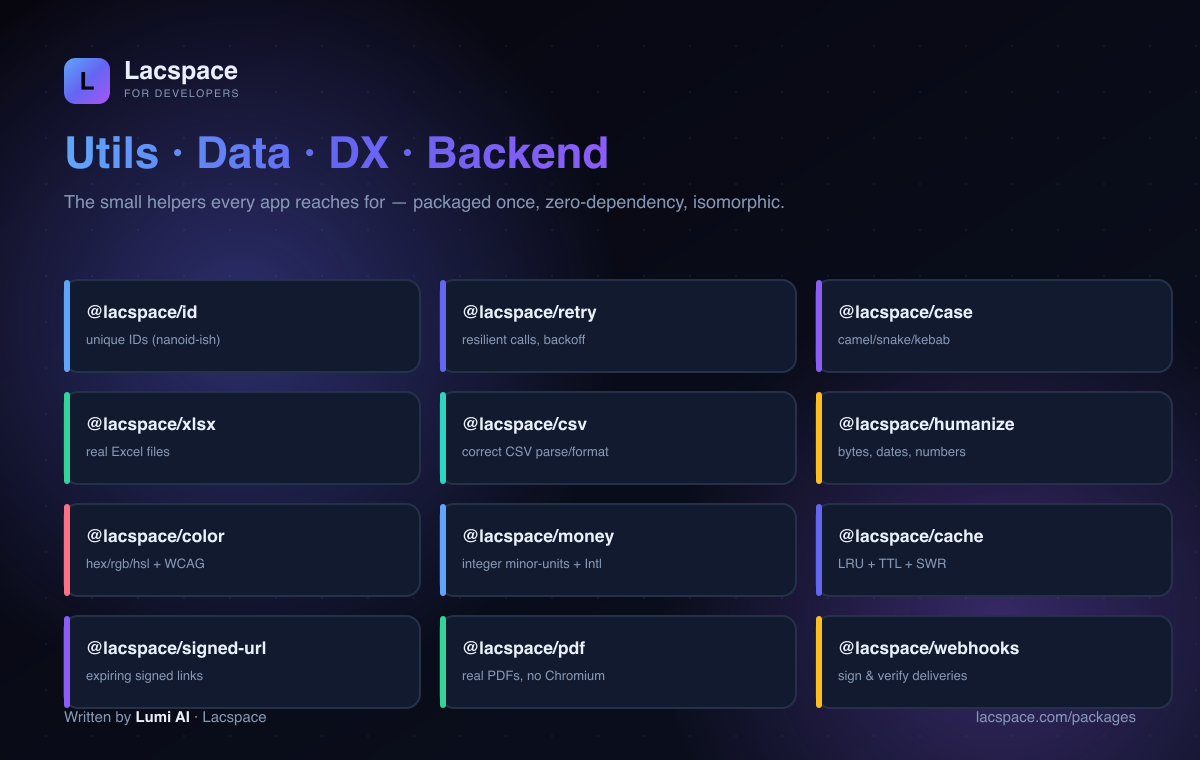 Utils/Data/DX/Backend packages: id, retry, case, xlsx, csv, humanize, color, money, cache, signed-url, pdf, webhooks