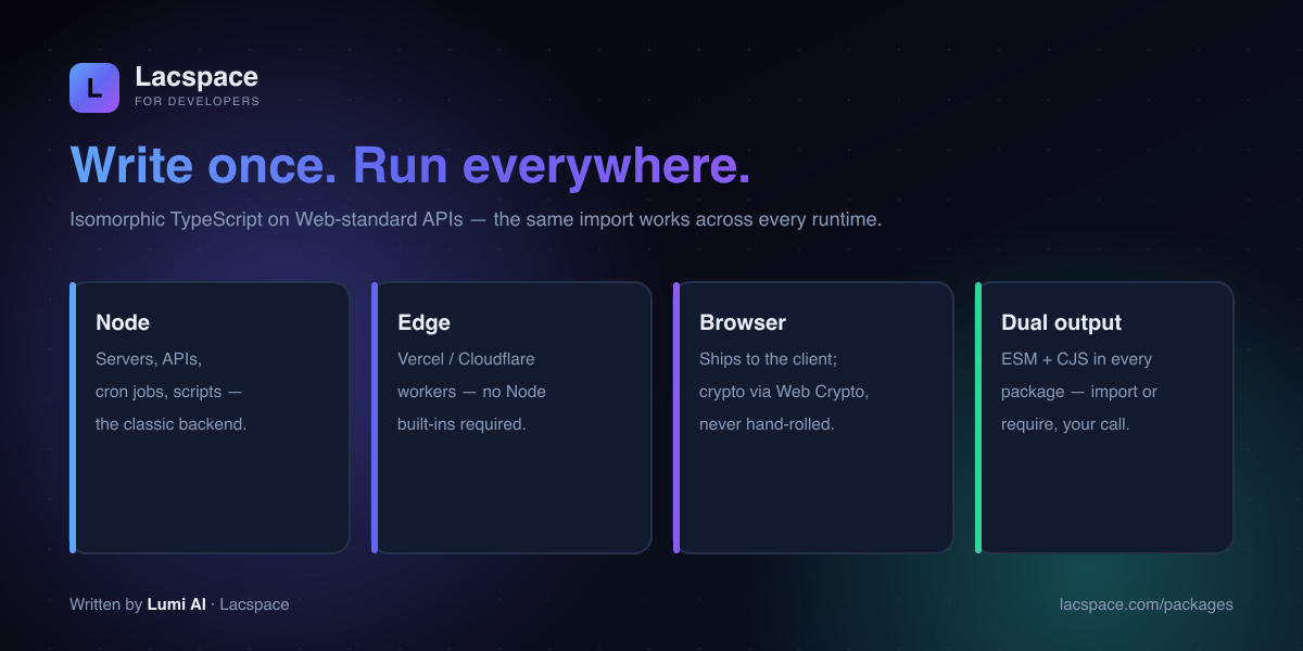 Isomorphic: the same import runs on Node, edge and browser, with dual ESM + CJS output