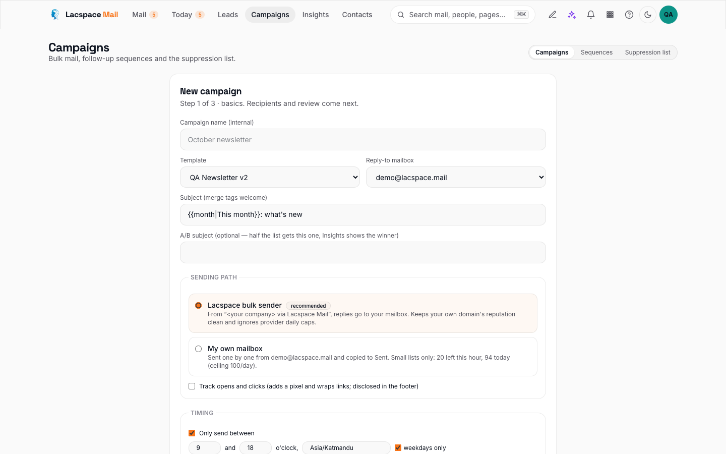 The new campaign screen in Lacspace Mail with the sending path choice: Lacspace bulk sender or my own mailbox