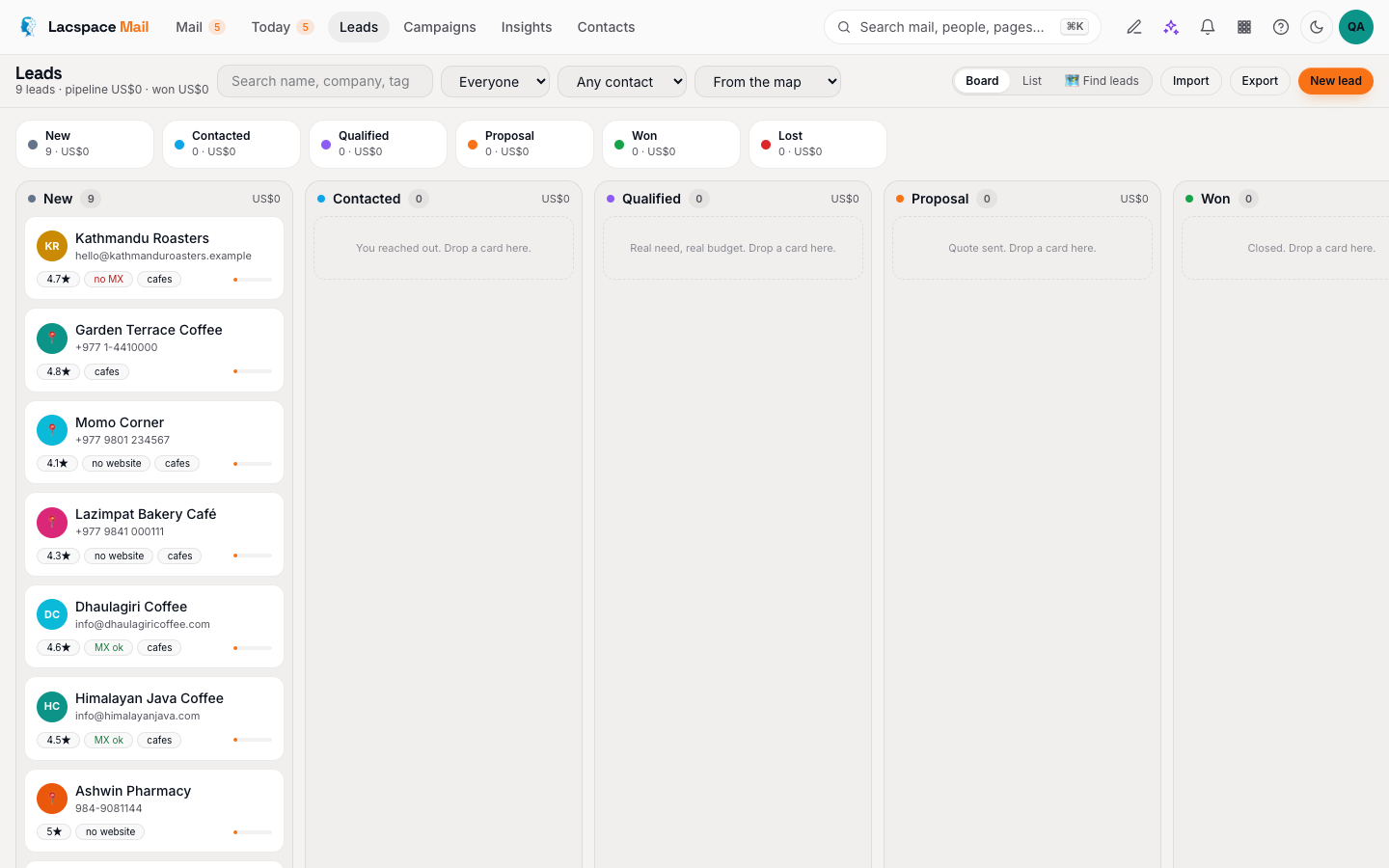 The Lacspace Mail leads board with businesses found by the Lead Finder