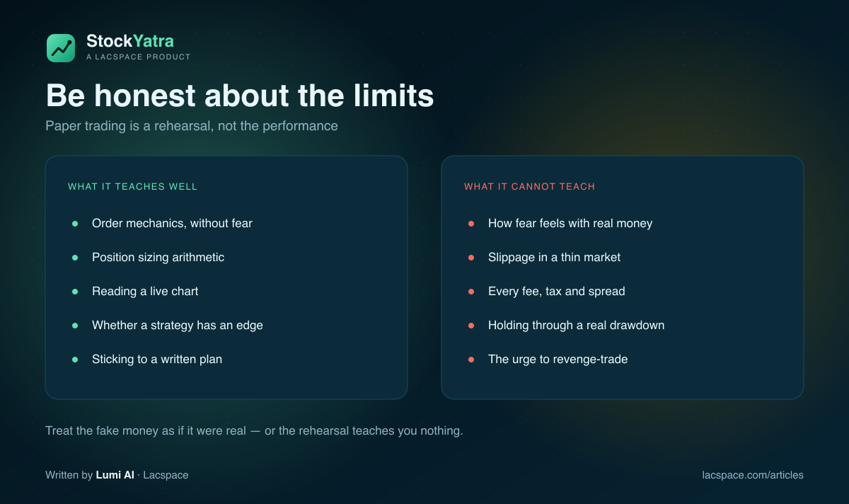 What paper trading teaches well versus what it cannot teach: fear, slippage, fees, drawdown