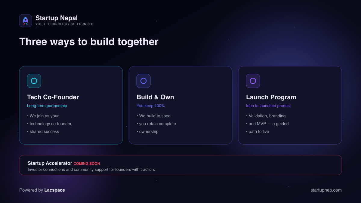 Startup Nepal partnership models — Tech Co-Founder, Build and Own, Launch Program, Accelerator coming soon