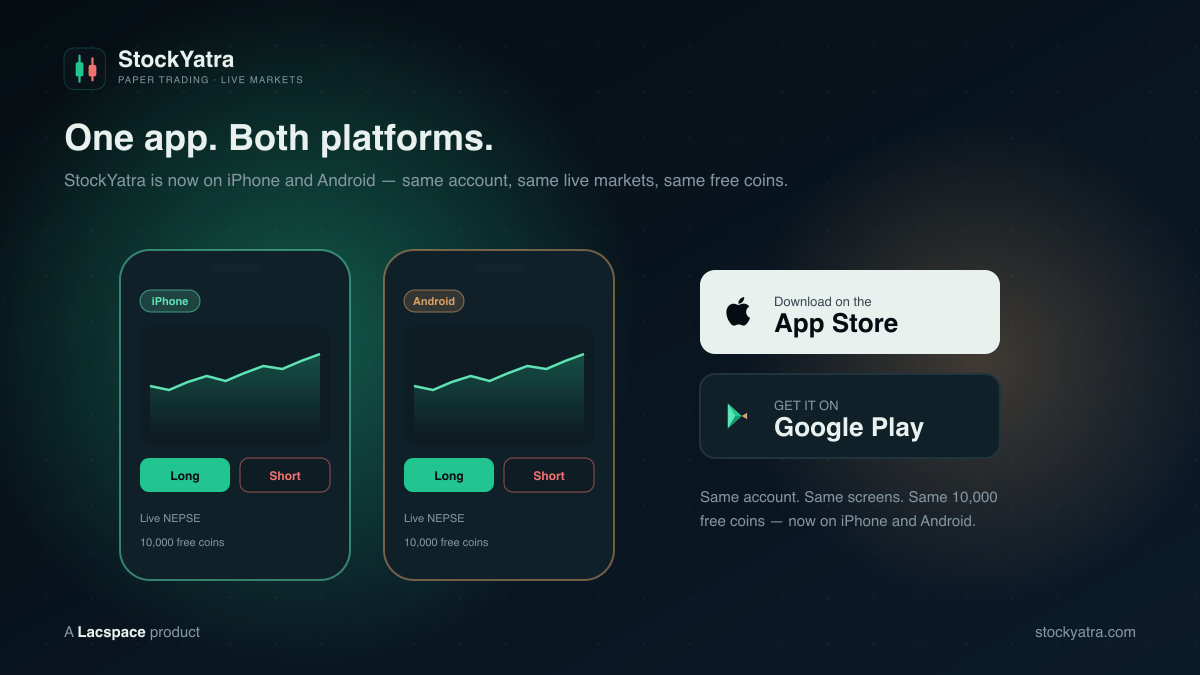 StockYatra on iPhone and Android — same account, same live markets, same free coins