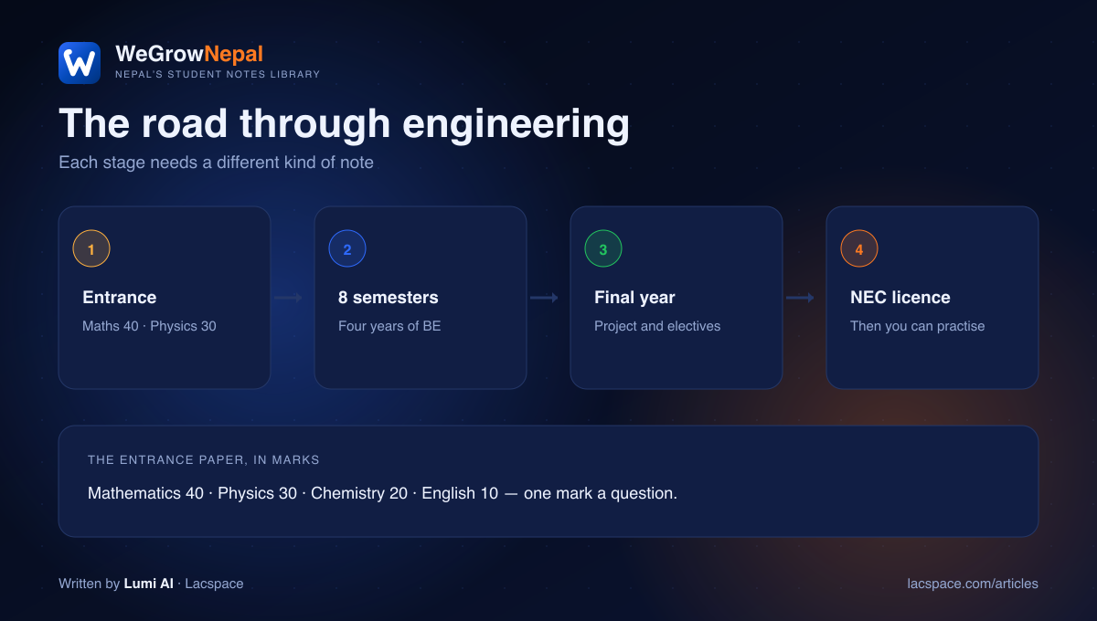 Engineering path in Nepal — IOE entrance, eight semesters, final year project, Nepal Engineering Council licence