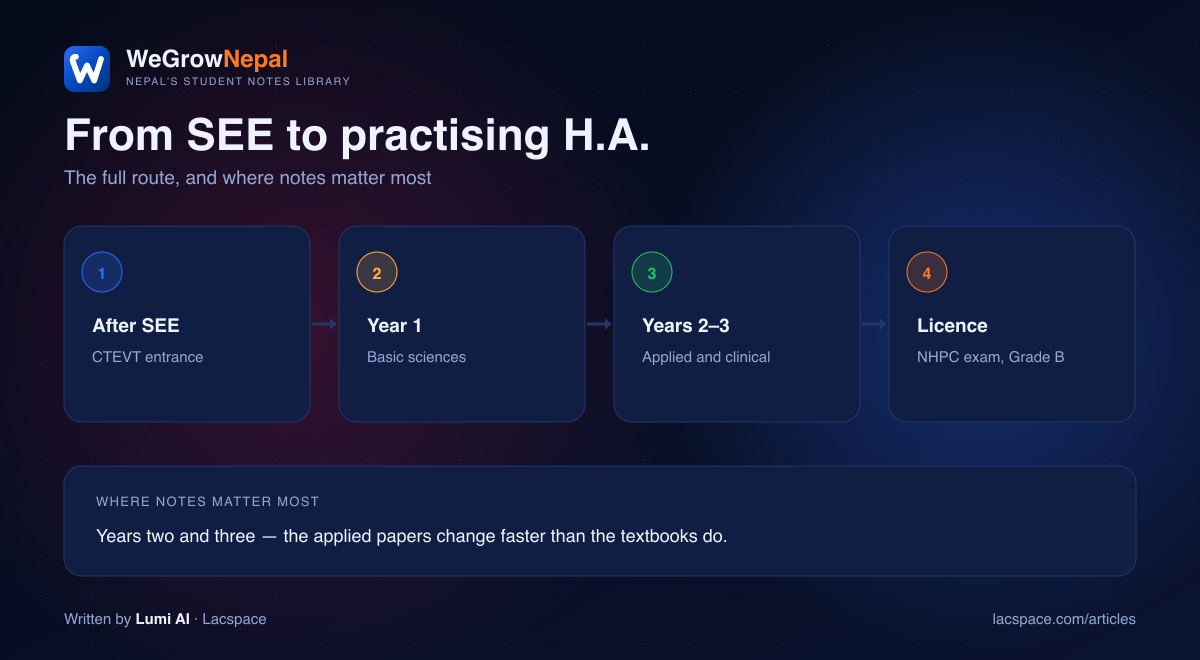 Health Assistant pathway Nepal — after SEE, CTEVT entrance, basic sciences, clinical years, NHPC licence Grade B