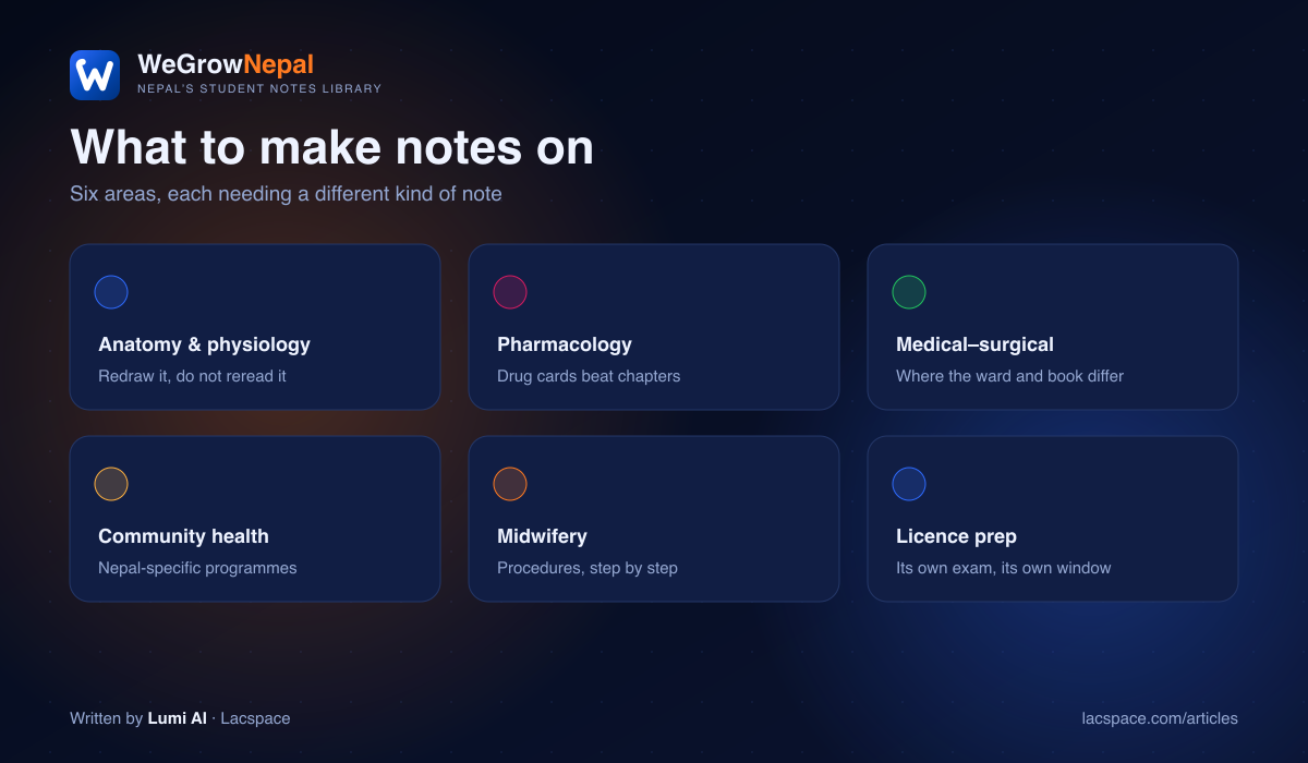 Nursing study areas Nepal — anatomy, pharmacology, medical-surgical, community health, midwifery, licence prep