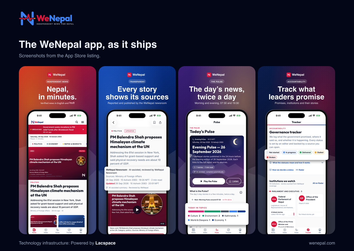 WeNepal app screenshots: home, a story with its sources, the Pulse and the governance tracker