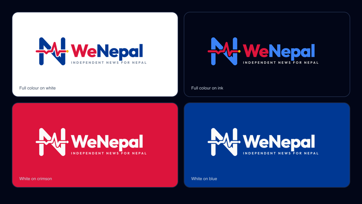 The WeNepal lockup on white, ink, crimson and blue backgrounds