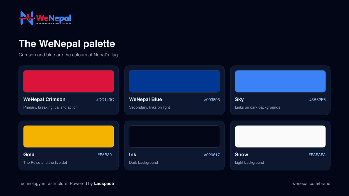 The WeNepal palette: crimson, blue, sky, gold, ink and snow