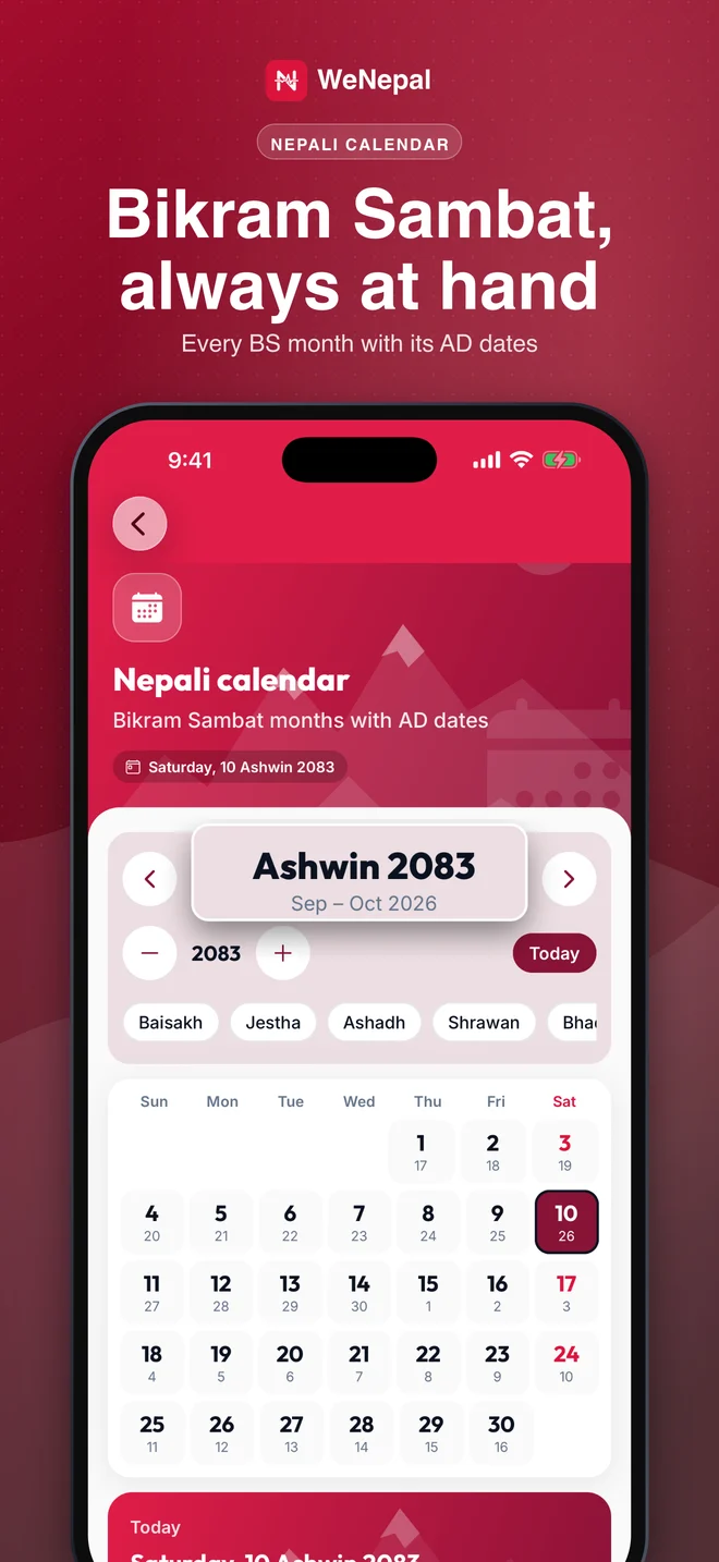 Nepali calendar in the WeNepal app