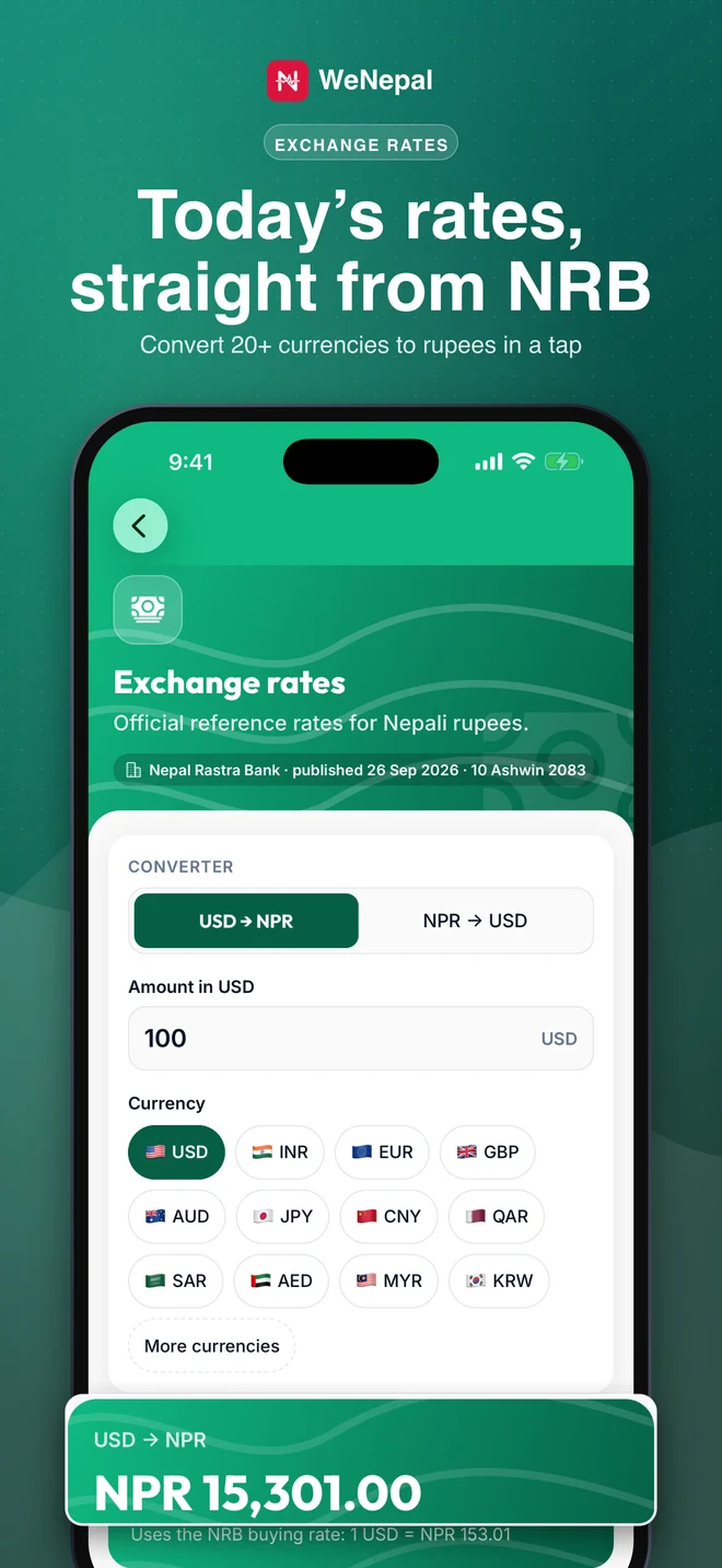 Exchange rates from Nepal Rastra Bank in the WeNepal app